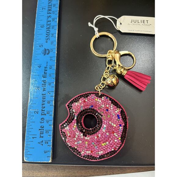 Bling Crystal Rhinestone Sprinkled Donut Keychain Keyring Bag Charm Tassel Pink - Picture 1 of 3